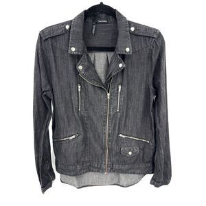 THE KOOPLES Black Chambray Denim Zip Up Moto Bomber Jacket Size S Small